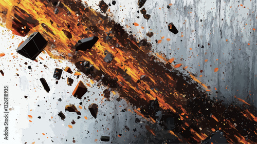 The image presents an abstract composition depicting a trail of burning debris against a predominantly white and grey background. The debris consists of dark, charred fragments of varying sizes,