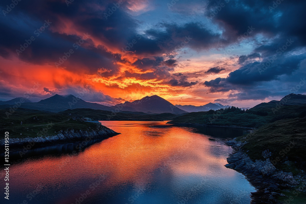 Fototapeta premium Fiery sunset reflecting on calm lake in scottish highlands