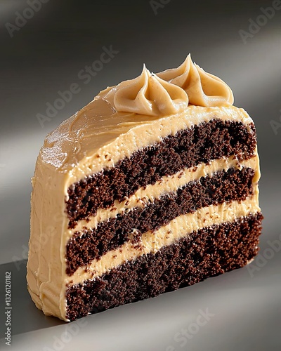 food and drink, icon, Decadent chocolate cake slice with creamy frosting.