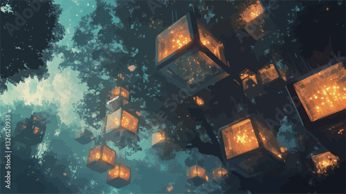 The image is a digital painting or illustration depicting numerous glowing, translucent cubic structures suspended within a dense forest canopy at night. The cubes emit a warm, orange-yellow light,