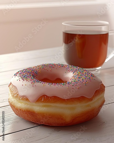Delicious donut with pink icing and sprinkles. food and drink, icon