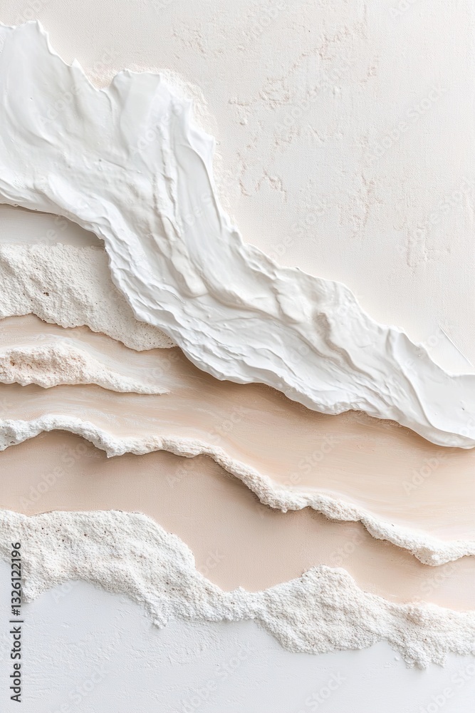 Obraz premium The essence of a serene sandy shoreline through thick acrylic layers. Soft beige and pale blue hues blend to evoke calmness and organic beauty, utilizing a palette knife technique