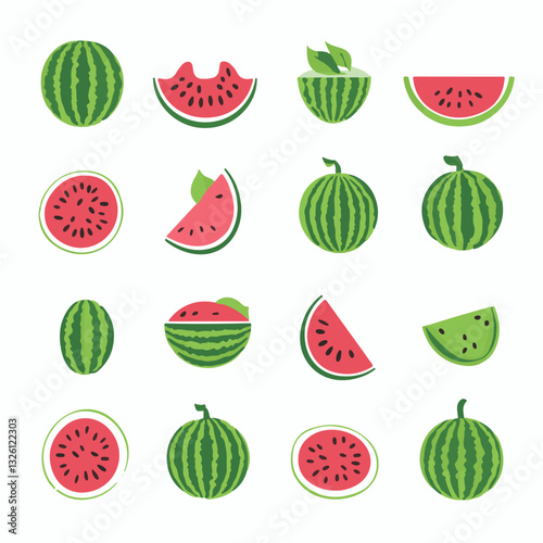 Very Simple flat 2D icon sliced watermelon with leaves isolated on a white background, vector, flat design, vector, flat design, animation design, flat 2D icon, minimalist design, vector