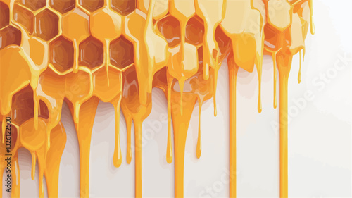 Close-up view of a section of honeycomb with honey dripping down onto a white background. The honey is a rich, golden amber color, and its viscous texture is clearly visible as it flows in thick