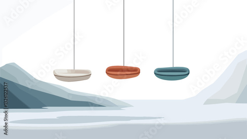 The image shows three abstract, oval-shaped objects hanging from thin, invisible strings against a minimalist background. The objects are rendered in muted pastel colors: light beige, muted orange,