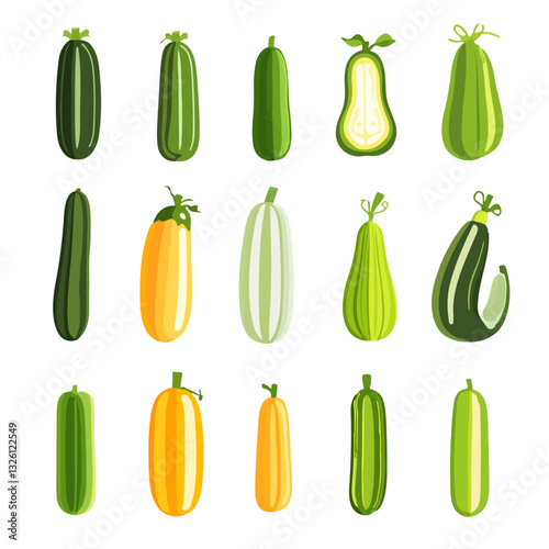 a Simple flat 2D icon green yellow zucchini isolated on a white background, vector, flat design, vector, flat design, animation design, flat 2D icon, minimalist design, vector
