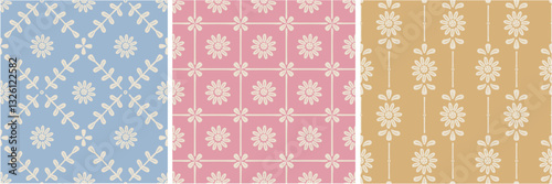 Bunch of three geometrical and seamless flowers repeat vectors