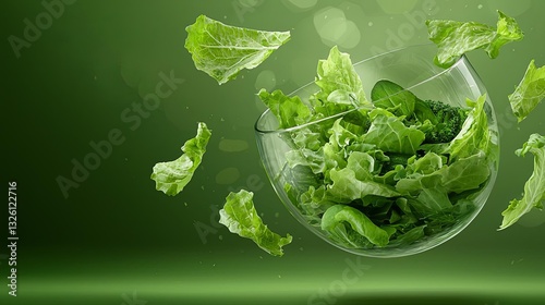 Fresh lettuce leaves in a vibrant green bowl. food and drink, icon