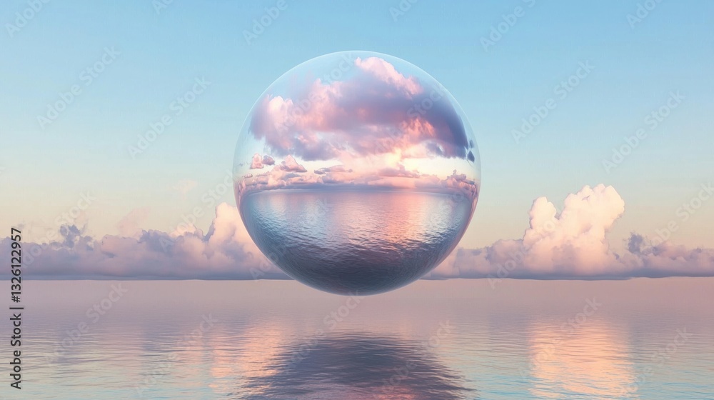 A transparent sphere floats above a calm body of water, reflecting the sky and clouds.