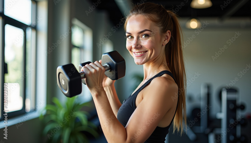 Woman working out in gym, lifting weights