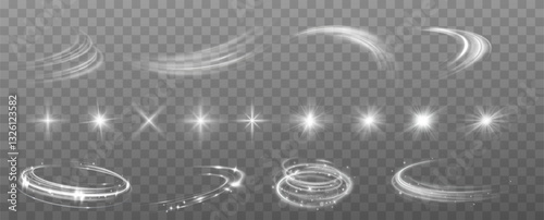 Light effects.Wind glare, explosions, shine, dust, lines, solar flares, sparks, sequins, stars, curved curls. Glow special effect of light