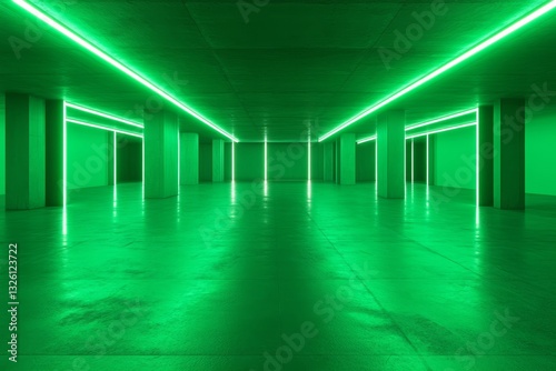 A Futuristic, Neon-Green, Underground Parking Garage, Designed for an Electrifying and Reflective Aesthetic.