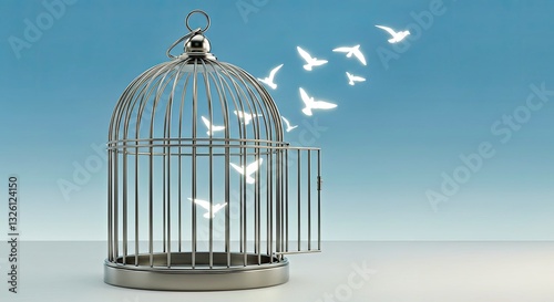 A Stylized Open Birdcage, Crafted From Polished Silver, With Abstract Birds photo