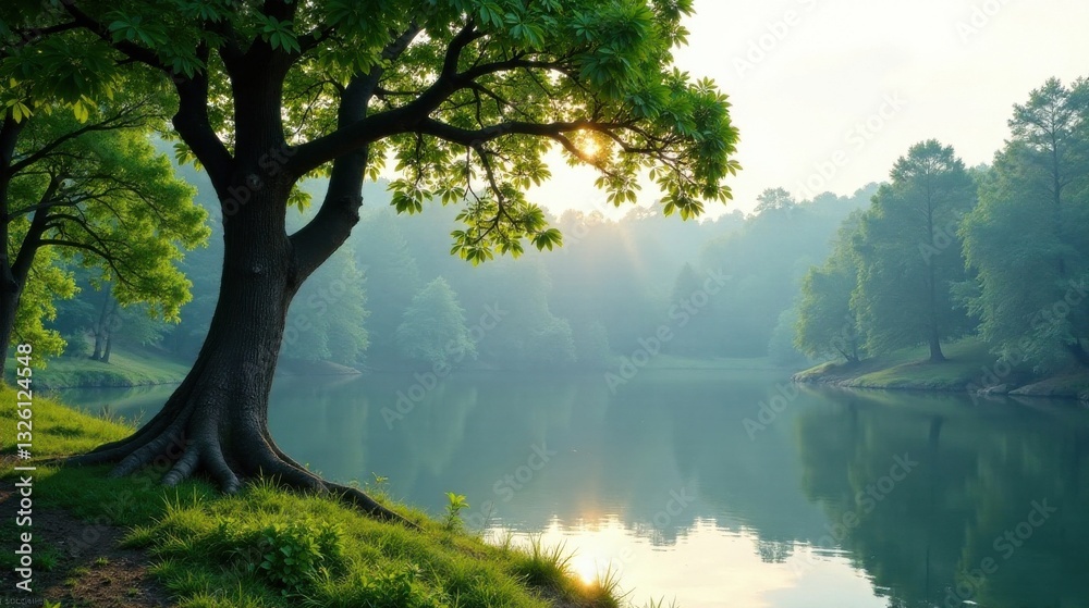Serene Sunrise Over a Tranquil Lake, Majestic Tree Framing the Golden Hour Light, Peaceful Nature Scene Serene Sunrise Over a Tranquil Lake, Majestic Tree Framing the Golden Hour Light, Peaceful Nature Scene