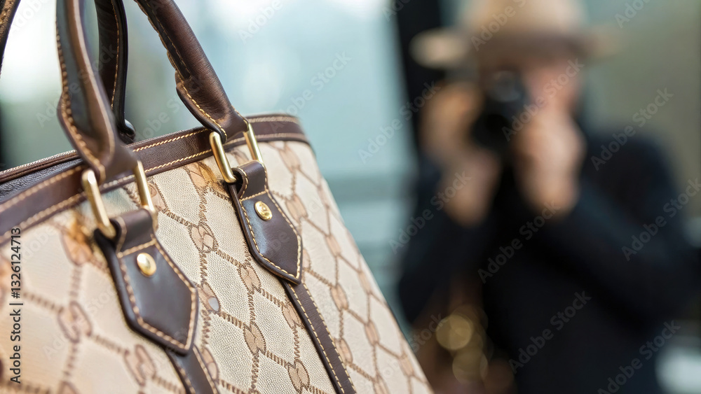 Naklejka premium Close-up of a counterfeit luxury handbag with intricate stitching and logo details, illustrating the concept of imitation and counterfeit products in the fashion industry.