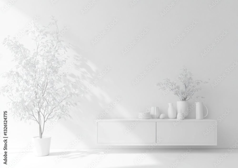 Fototapeta premium Minimalist white room interior with plant and console.