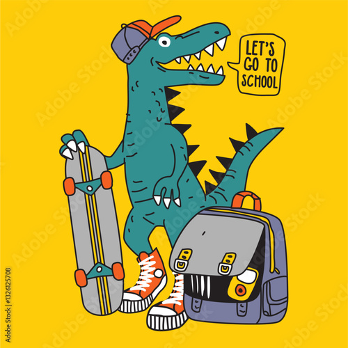 Dino school and skate cartoon hand drawn illustration 