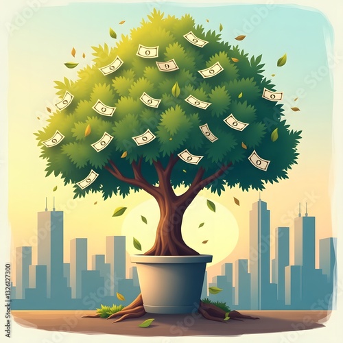 A money tree growing from a pot filled with cash, symbolizing wealth and prosperity.