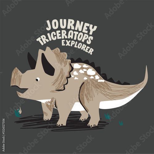 Journey Triceratops Explorer cartoon hand drawn illustration 