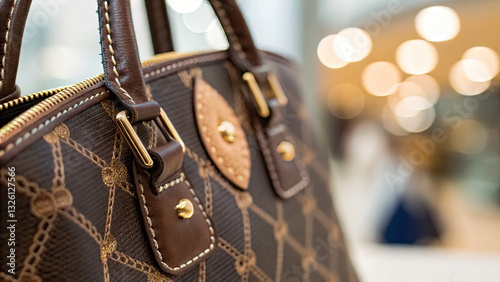Close-up of a counterfeit luxury handbag with intricate stitching and logo details, illustrating the concept of imitation and counterfeit products in the fashion industry.