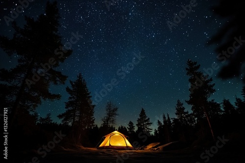 Cozy tent glowing warmly under a starry night sky in a tranquil forest setting Generative AI