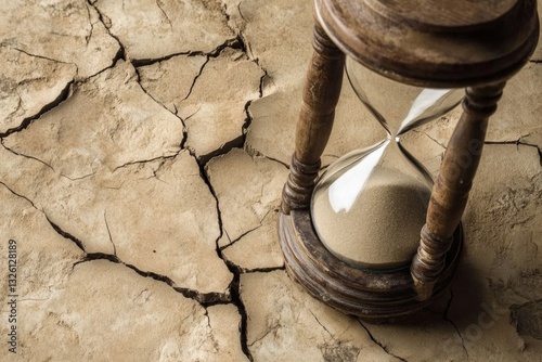 Cracked hourglass with sand spilling onto a dry, cracked surface symbolizing lost time and inevitability Generative AI