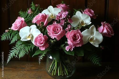 A beautiful floral arrangement of roses and orchids in vase