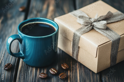Blue coffee cup and gift box resting on wooden table