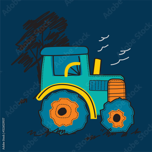 Tractor in the garden cartoon hand drawn illustration 