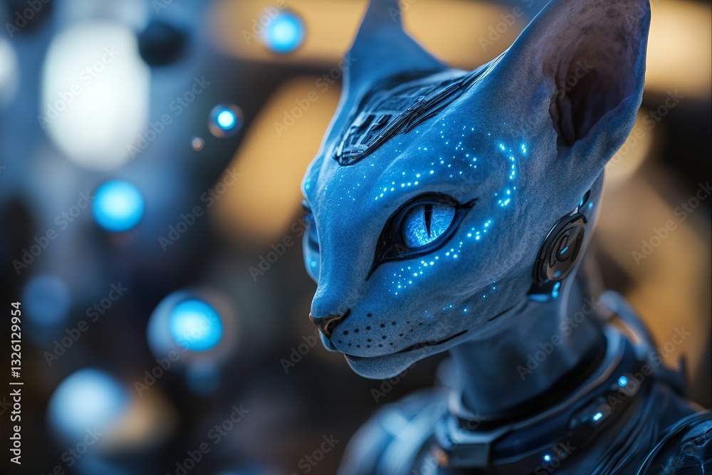 A majestic alien embodies beauty with smooth blue skin and bioluminescent tattoos. Feline-like eyes gaze into a cosmos filled with floating celestial bodies, creating a mesmerizing atmosphere A majestic alien embodies beauty with smooth blue skin and bioluminescent tattoos. Feline-like eyes gaze into a cosmos filled with floating celestial bodies, creating a mesmerizing atmosphere