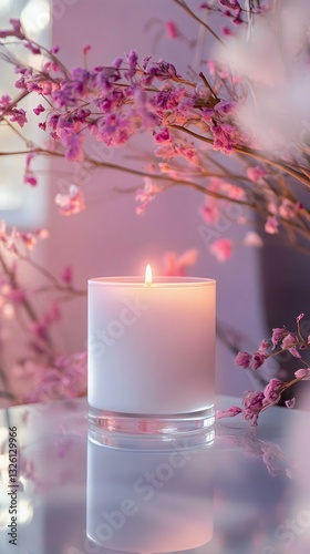 A glowing candle surrounded by delicate pink flowers, creating a tranquil and serene ambiance perfect for relaxation and meditation.