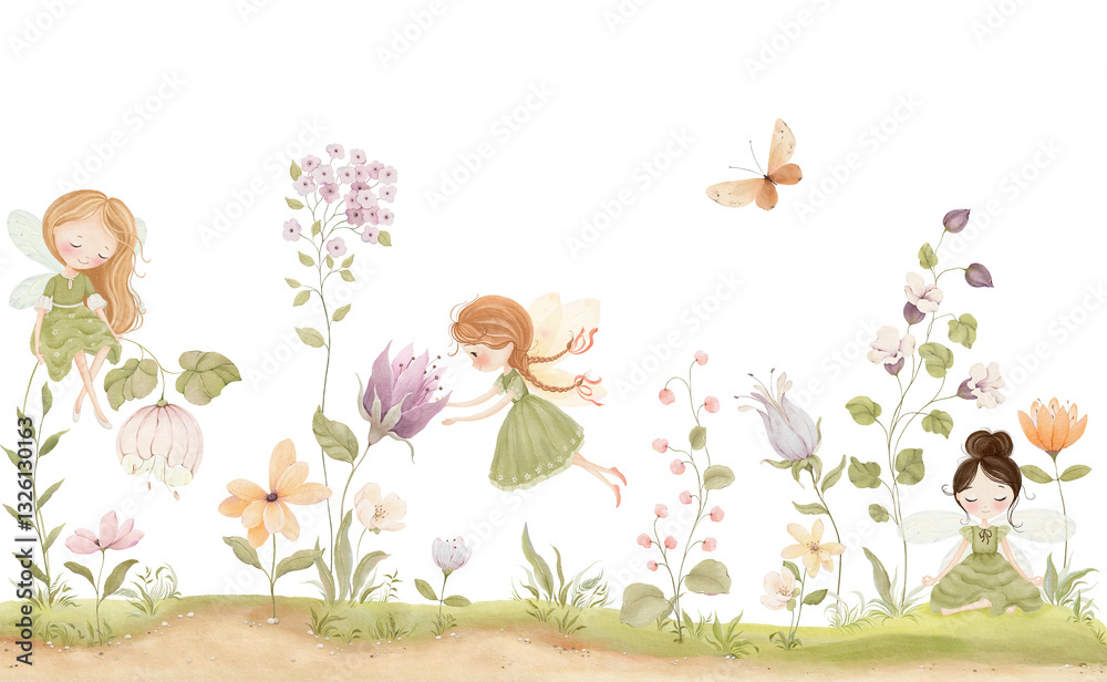 Fototapeta Watercolor composition with floral meadow, delicate abstract flowers and cute fairies, isolated horizontal border for cover or wallpapers, mural for childish room. Hand drawn design print.