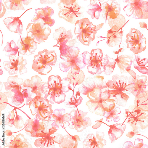 Spring watercolor seamless pattern. Watercolour florals. Pink flowers in bloom, abstract hand-painted wallpaper. Botanical art