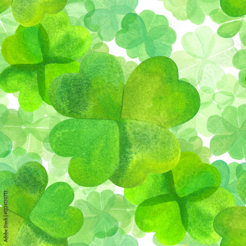Seamless watercolor pattern for St Patrick's day, abstract four leaf clovers, background texture, hand drawn wallpaper