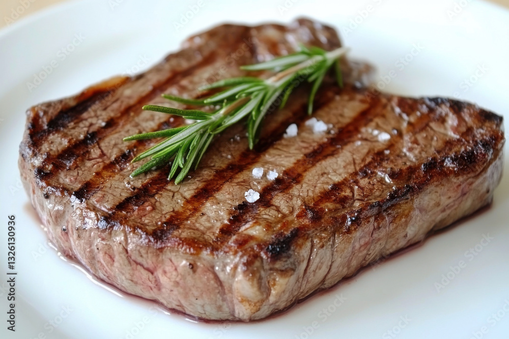 Grilled beef steak with rosemary and salt on white plate Grilled beef steak with rosemary and salt on white plate