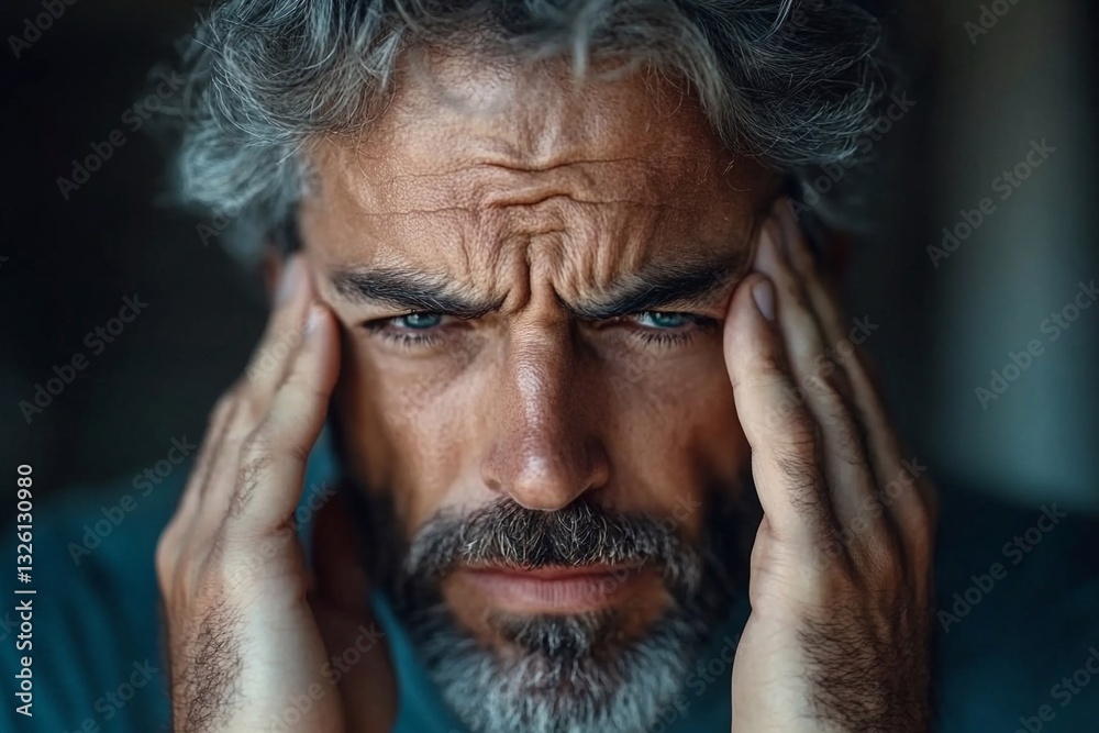 Middle-aged man expressing deep concern with furrowed brow and intense gaze Middle-aged man expressing deep concern with furrowed brow and intense gaze