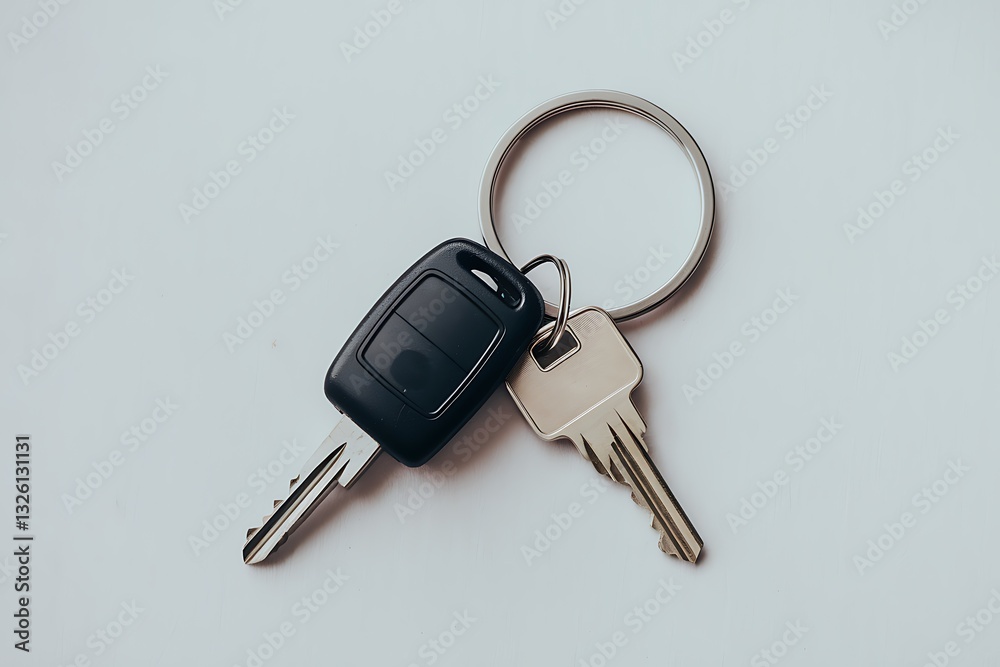 A grayscale image shows a set of car keys attached to a keyring. One key is a modern car remote. The keys rest on a light gray surface. A grayscale image shows a set of car keys attached to a keyring. One key is a modern car remote. The keys rest on a light gray surface.