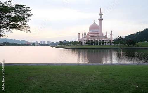 Serene Sunrise Reflection The Majestic Beauty of Sultan Salahuddin Abdul Aziz Shah Mosque, Shah Alam