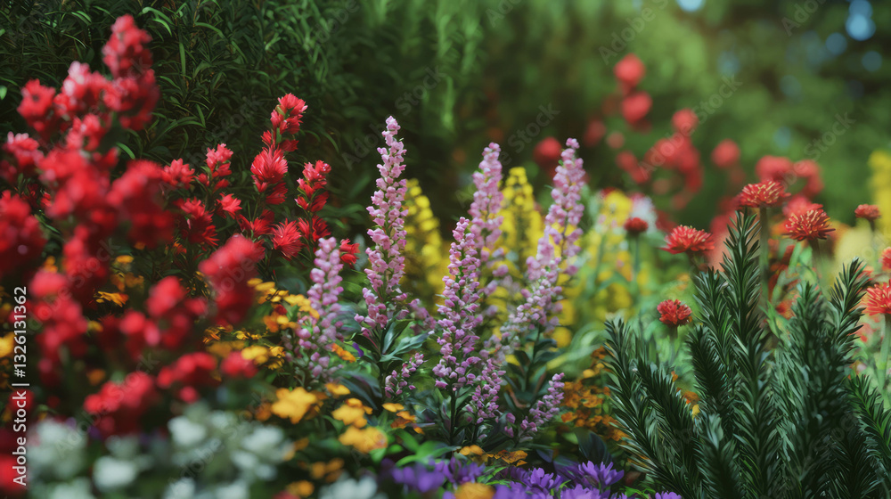 Vibrant flower garden in full bloom: nature's colorful display in a serene setting Vibrant flower garden in full bloom: nature's colorful display in a serene setting