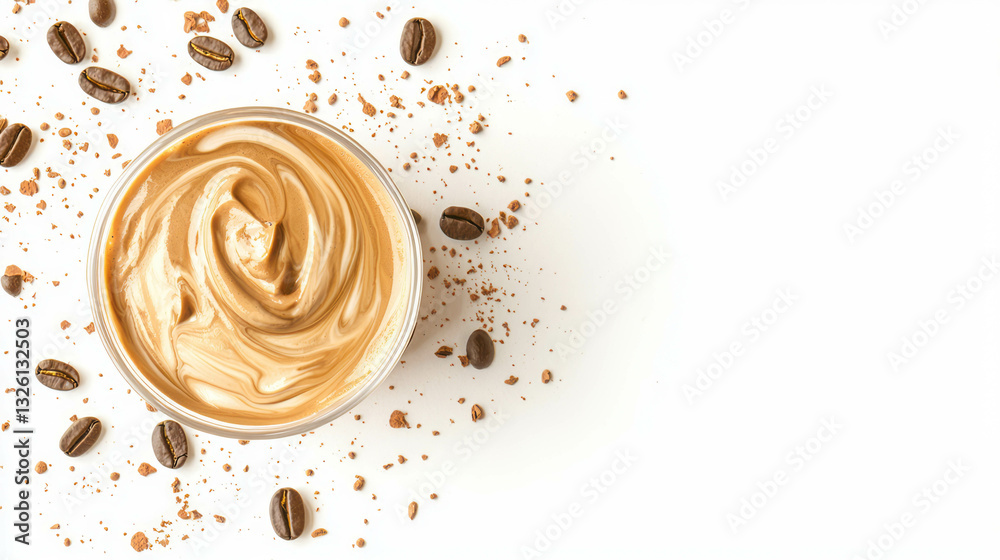 Delicious dalgona coffee with whipped cream and coffee beans on white background