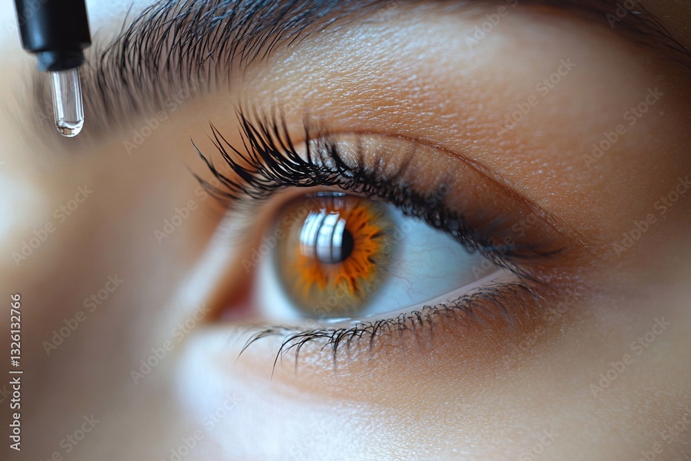 Naklejka premium Close-up of a young person's eye receiving eye drops with unique amber coloring and detailed lashes