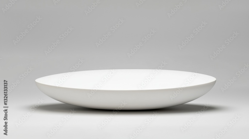 A white bowl with a smooth, curved surface sits on a gray background. A white bowl with a smooth, curved surface sits on a gray background.