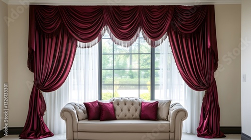 4. A deep burgundy red silk satin fabric curtain  ruffled and flowing elegantly with premium quality finish