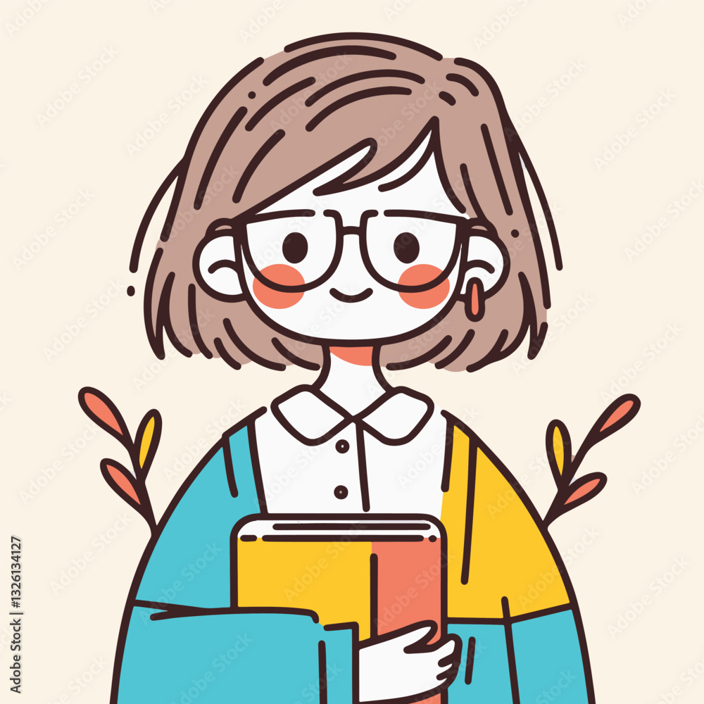 cheerful girl with glasses holding book, surrounded by leaves cheerful girl with glasses holding book, surrounded by leaves