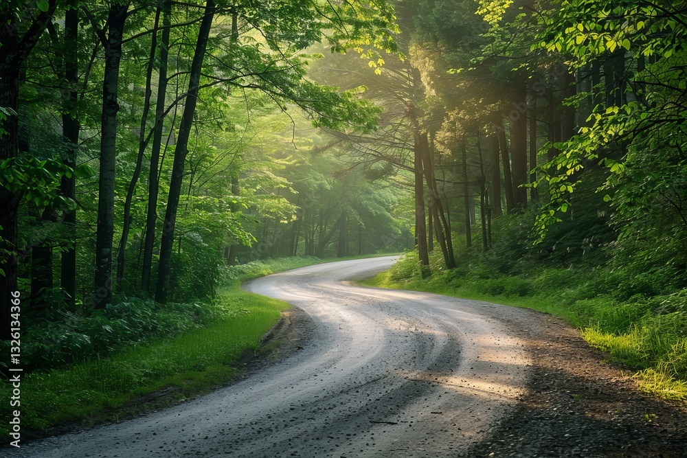Fototapeta premium Serene Curved Road Through Lush Green Forest in Morning Light