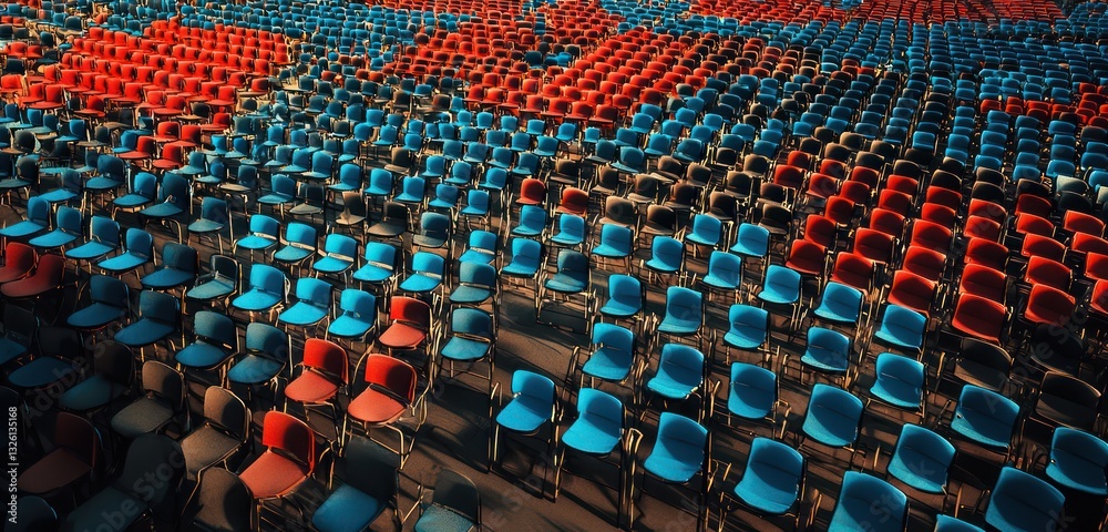 Fototapeta premium Patterned blue and red seats in an empty stadium.