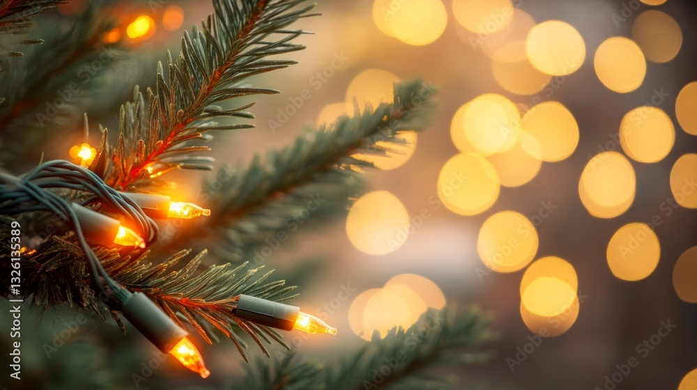 Warm Holiday Lights on Evergreen Branches with Soft Bokeh Background Warm Holiday Lights on Evergreen Branches with Soft Bokeh Background