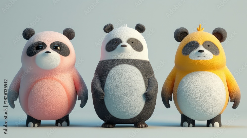 Fototapeta premium Soft edges, and rounded forms lends a tactile, almost plush-like quality to the characters. Digital monsters.