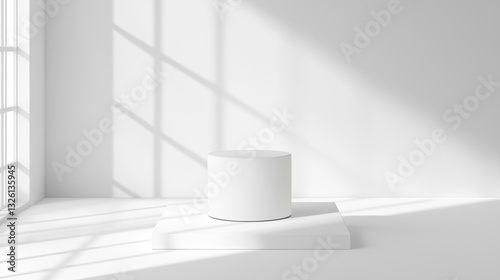 A white pedestal with a circular base sits in a minimalist room with a large window.