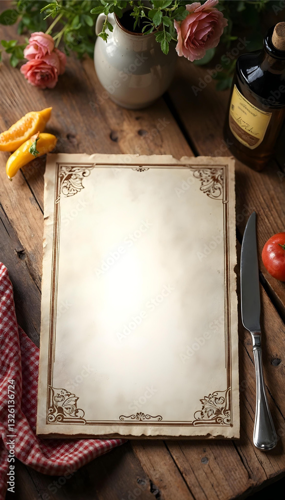 Menu italian mockup top view with rustic wooden table, pitcher with roses
